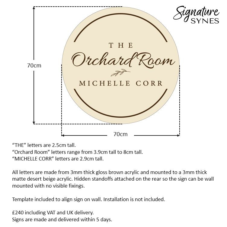 Custom Order - THE ORCHARD ROOM - 70cm x 70cm - desert beige base + gloss brown lettering - hidden standoffs